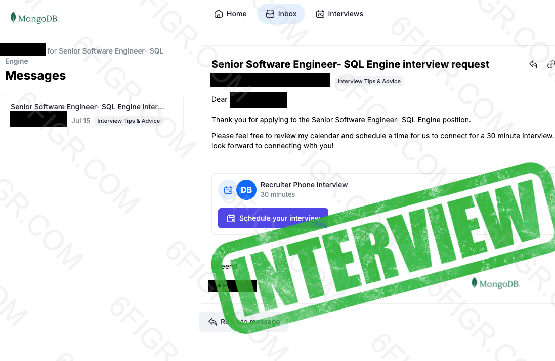 MongoDB interview invitation email for a Software Engineer role, received after a JobGPT application