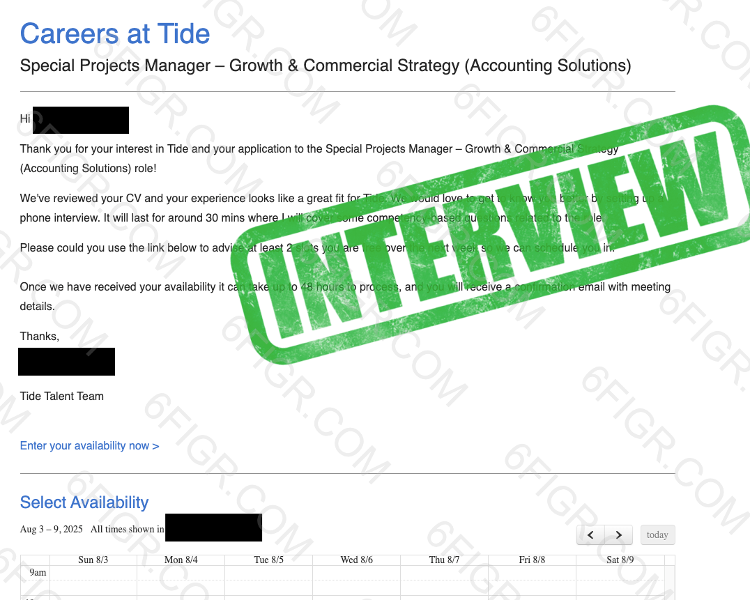 Tide interview invitation email for a Software Engineer role, received after a JobGPT application